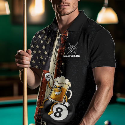 Vintage US Flag Funny Beer 8 Ball Billiard Shirt For Men Custom Pool Team Jersey Polo & 1/4 Zip TDM5948