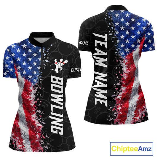 American flag bowling quarter zip shirt for women designed for league tournaments and team events.