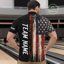 Load image into Gallery viewer, Back view of man wearing a vintage American flag bowling quarter zip shirt in a bowling alley.