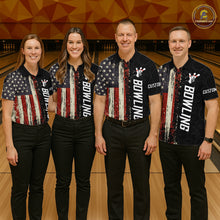 Load image into Gallery viewer, Bowling team wearing matching vintage American flag bowling jerseys during league matches front view.