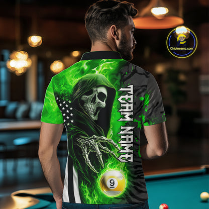 Back View of a Man Wearing Personalized Green Flame Grim Reaper US Flag 8 Ball 9 Ball Billiard Shirt
