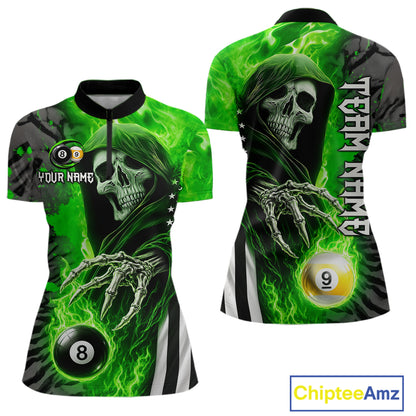 Personalized Green Flame Grim Reaper US Flag 8 Ball 9 Ball Quarter Zip Billiard Shirt for Women's Pool League Teams with Athletic Performance Style