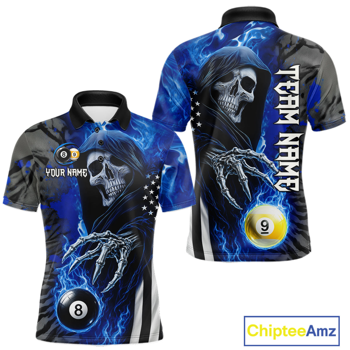 Personalized Blue Flame Grim Reaper US Flag 8 Ball 9 Ball Billiard Polo Shirt Design for Custom Pool Team Players