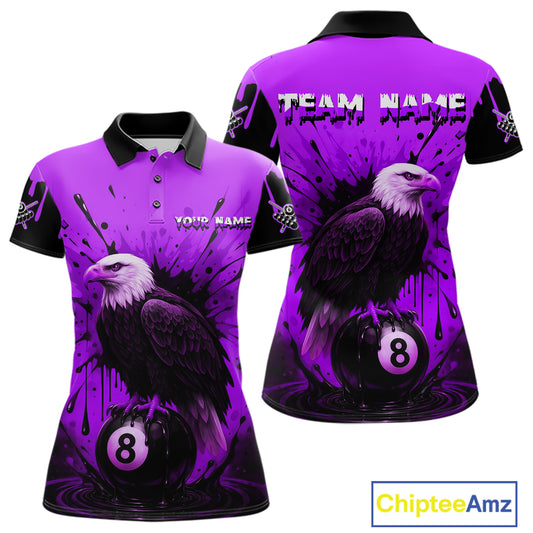 Purple 8 Ball Pool Eagle Paint Splash Billiard Shirt For Women Custom Billiard Jersey Polo & 1/4 Zip TDM5493