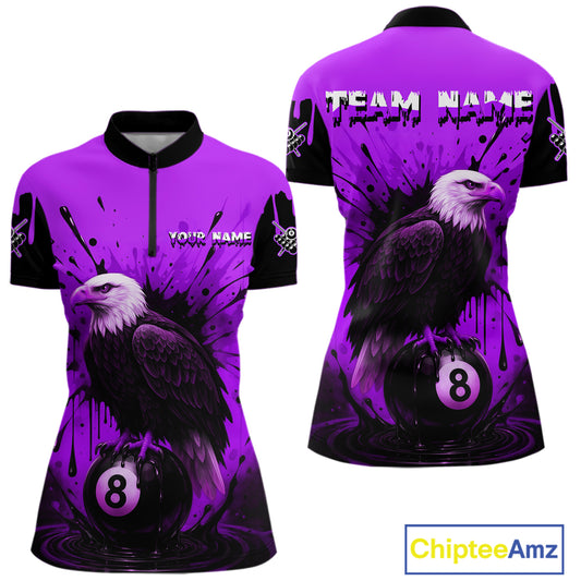 Purple 8 Ball Pool Eagle Paint Splash Billiard Shirt For Women Custom Billiard Jersey Polo & 1/4 Zip TDM5493