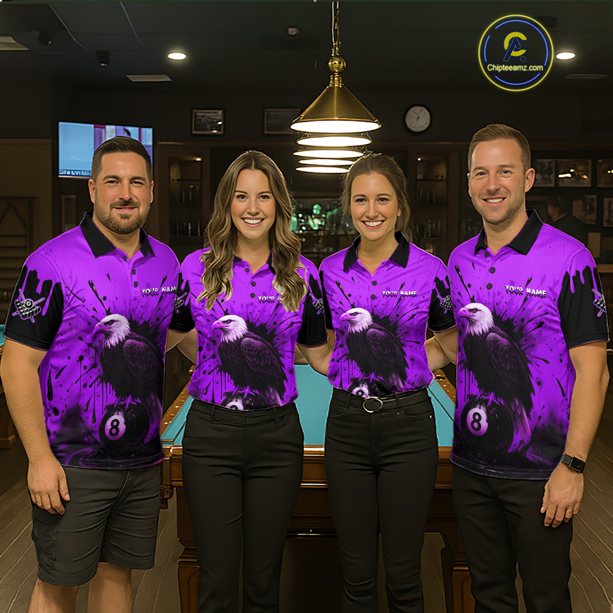 Purple 8 Ball Pool Eagle Paint Splash Billiard Shirt For Men Custom Billiard Jersey Polo & 1/4 Zip TDM5493