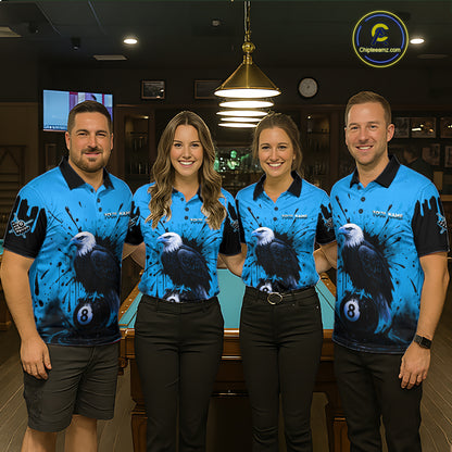Blue 8 Ball Pool Eagle Paint Splash Billiard Shirt For Men Custom Billiard Jersey Polo & 1/4 Zip TDM5494