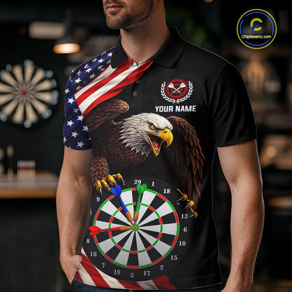 Personalized Eagle American Flag Darts Shirt For Men, Patriotic Darts Team Jersey Polo & 1/4 Zip TDM6114