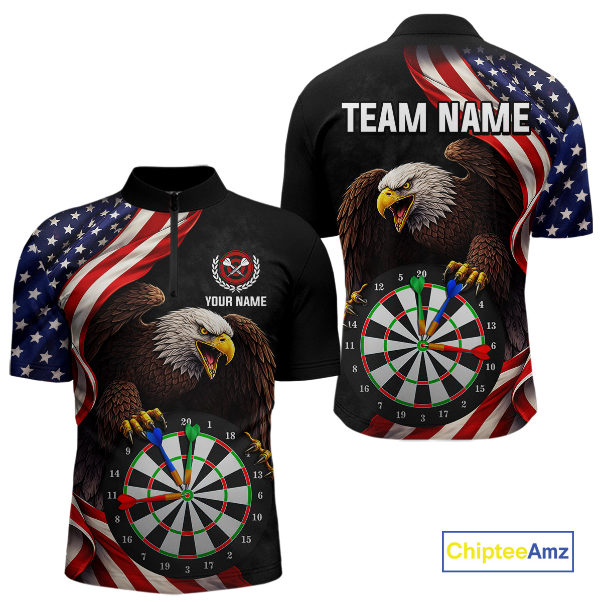 Personalized Eagle American Flag Darts Shirt For Men, Patriotic Darts Team Jersey Polo & 1/4 Zip TDM6114