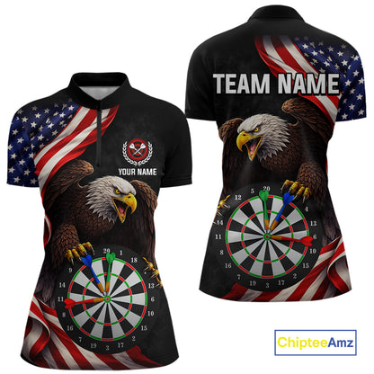 Personalized Eagle American Flag Darts Shirt For Women, Patriotic Darts Team Jersey Polo & 1/4 Zip TDM6114