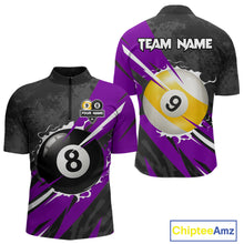 Load image into Gallery viewer, Black And Purple 8 Ball &amp; 9 Ball Billiard Shirt For Men Custom Pool Team Jersey Polo &amp; 1/4 Zip TDM6364