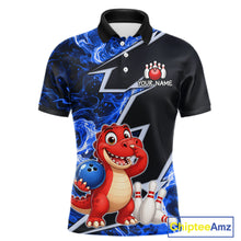 Load image into Gallery viewer, Funny Dinosaur Bowling Jersey For Men Custom Black And Blue Flame Bowling Shirt Polo &amp; 1/4 Zip TDM6367