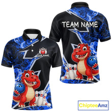 Load image into Gallery viewer, Funny Dinosaur Bowling Jersey For Men Custom Black And Blue Flame Bowling Shirt Polo &amp; 1/4 Zip TDM6367