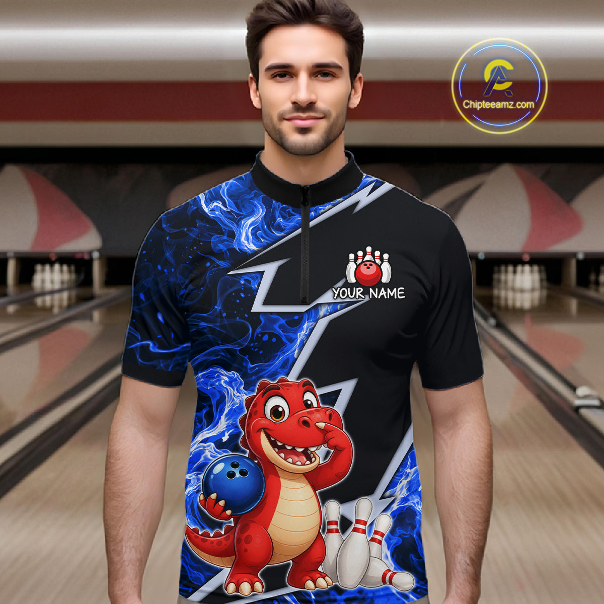 Funny Dinosaur Bowling Jersey For Men Custom Black And Blue Flame Bowling Shirt Polo & 1/4 Zip TDM6367
