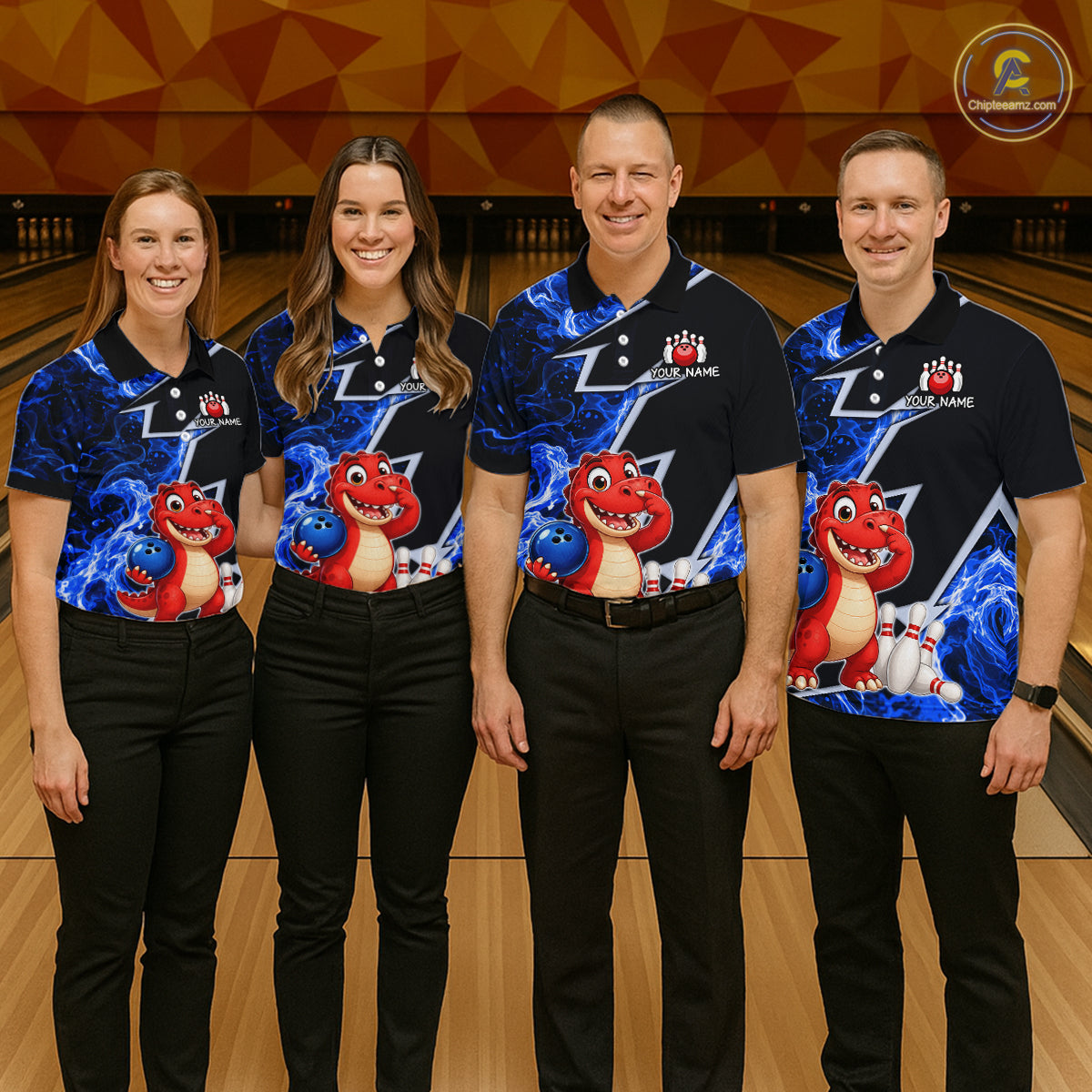 Funny Dinosaur Bowling Jersey For Men Custom Black And Blue Flame Bowling Shirt Polo & 1/4 Zip TDM6367