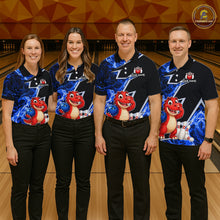 Load image into Gallery viewer, Funny Dinosaur Bowling Jersey For Men Custom Black And Blue Flame Bowling Shirt Polo &amp; 1/4 Zip TDM6367