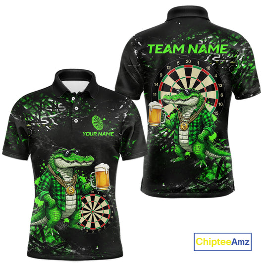 Green Grunge Funny Alligator Darts Shirt For Men Custom Darts Jersey Polo & 1/4 Zip, Darts Gifts TDM6373