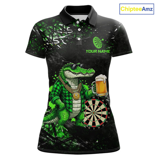 Green Grunge Funny Alligator Darts Shirt For Women Custom Darts Jersey Polo & 1/4 Zip, Darts Gifts TDM6373