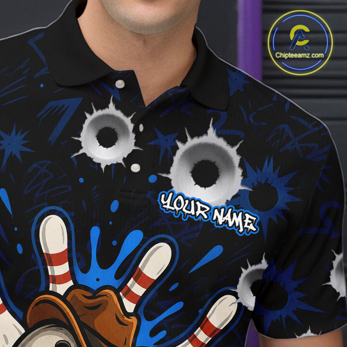 Close-up of black and blue funny cowboy skull bowling team jersey polo shirt featuring collar, buttons and cowboy skull artwork.