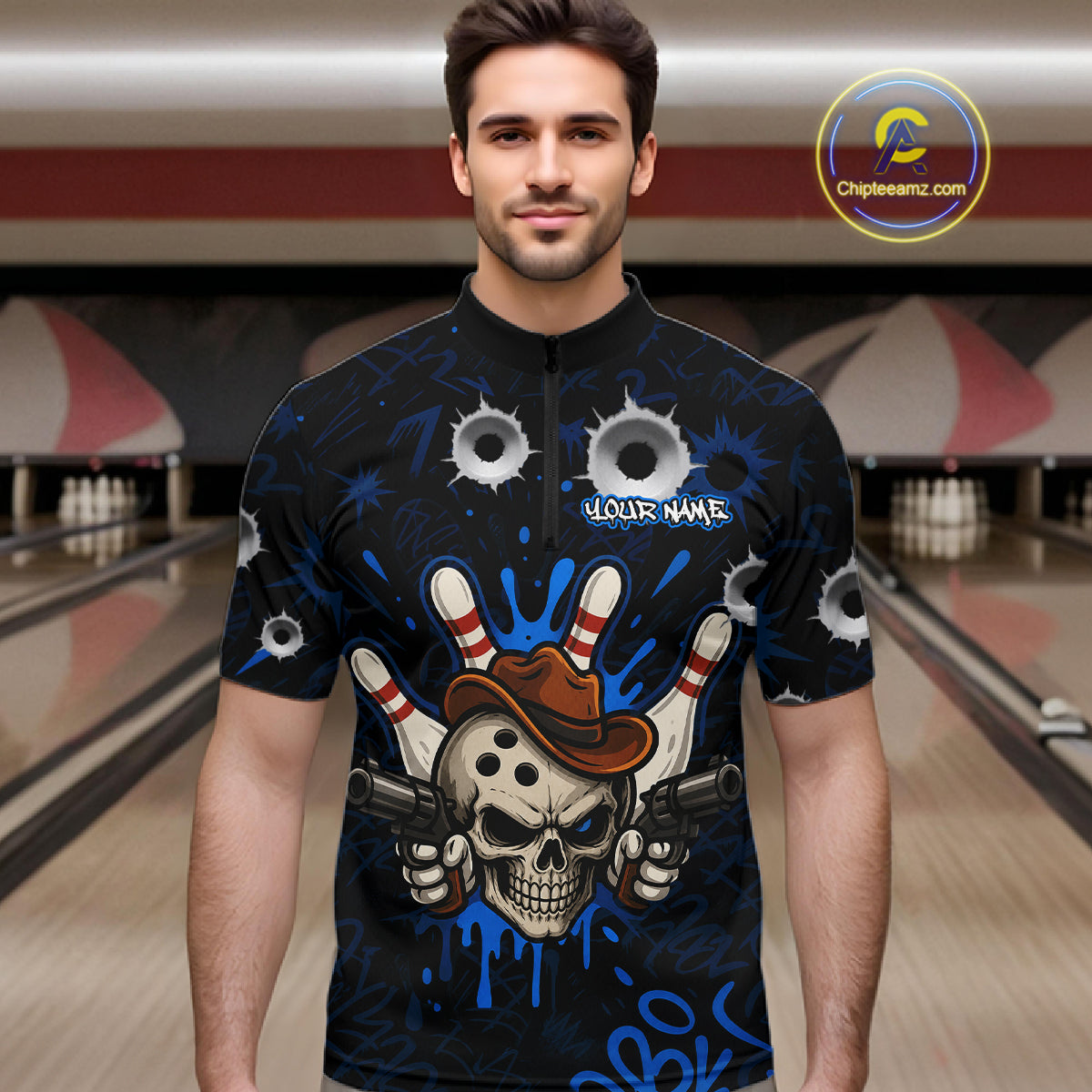 Man wearing black and blue funny cowboy skull bowling team jersey quarter zip shirt featuring cowboy skull artwork, front view.