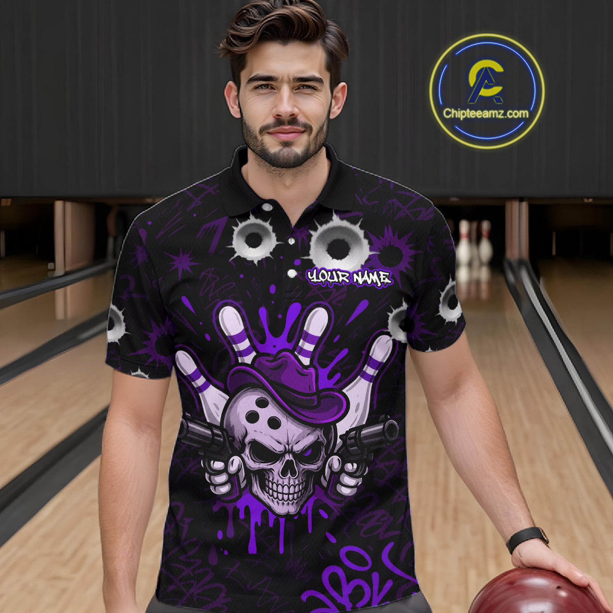 Man wearing black and purple funny cowboy skull bowling team jersey polo shirt featuring cowboy skull artwork, front view.