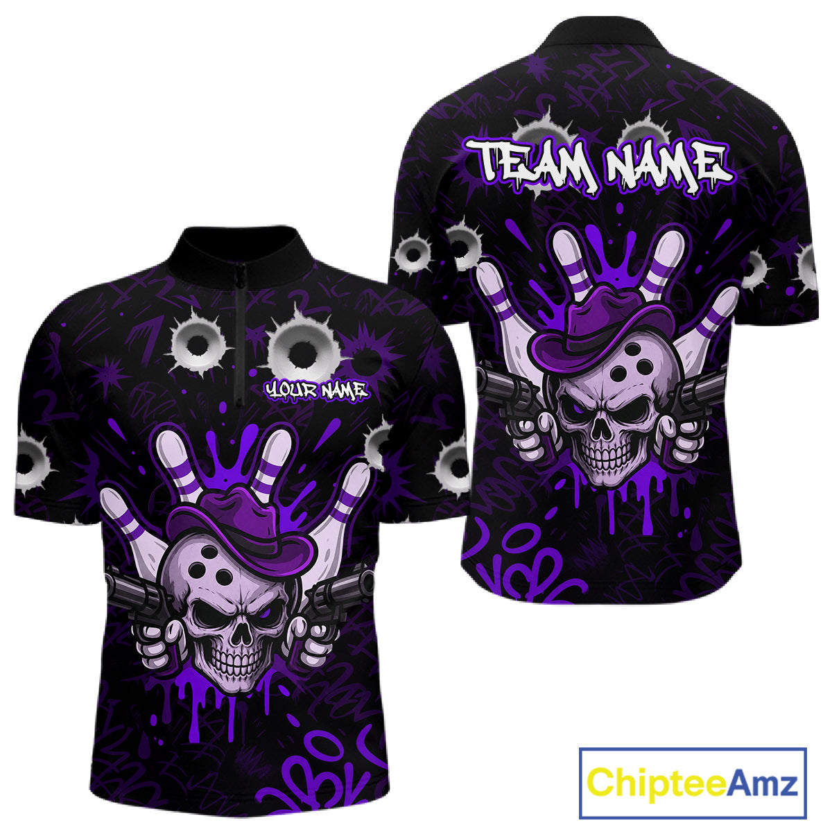 Black and purple funny cowboy skull bowling team jersey quarter zip shirt for men featuring bold cowboy skull bowling artwork, premium custom bowling league apparel.