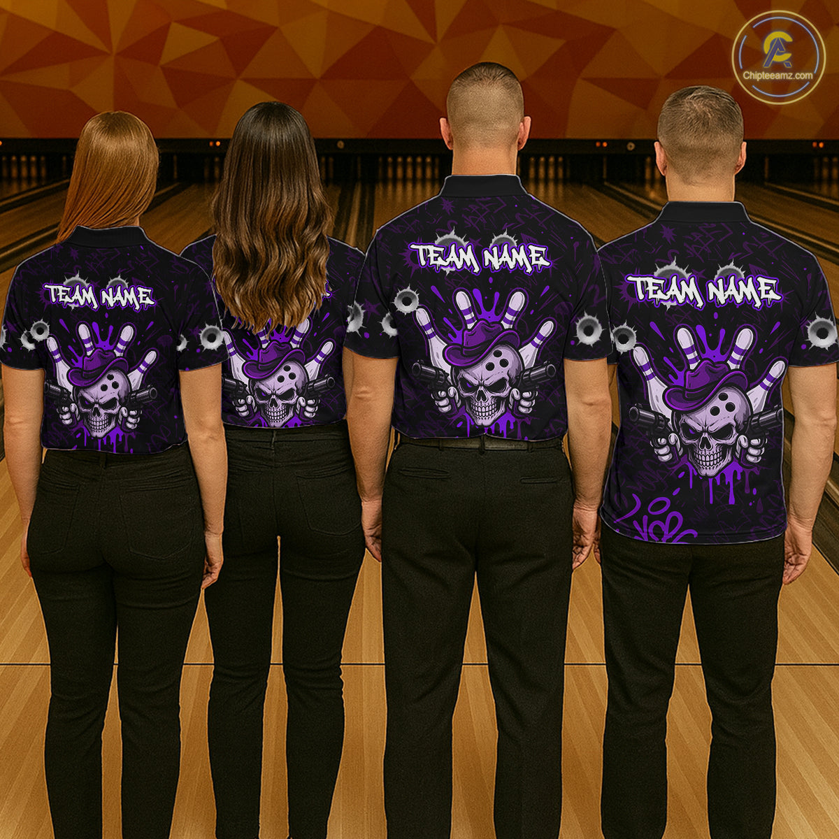 Bowling team wearing matching black and purple funny cowboy skull bowling team jerseys, back view.