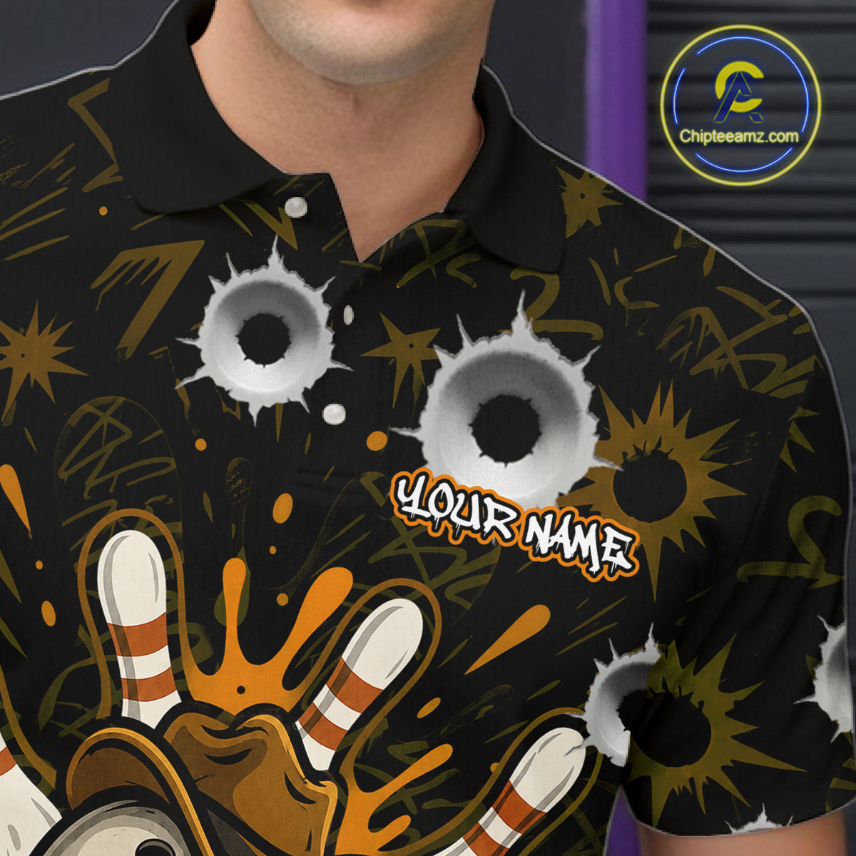 Close-up of black and orange funny cowboy skull bowling team jersey polo shirt featuring collar, buttons and cowboy skull artwork.
