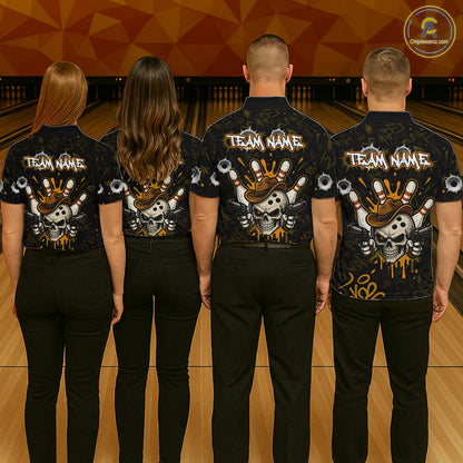 Bowling team wearing matching black and orange funny cowboy skull bowling team jerseys, back view.