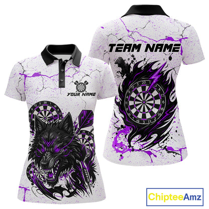Personalized White Grunge Wolf Darts Shirt For Women Custom Darts Team Jersey Polo & 1/4 Zip|Purple TDM5282