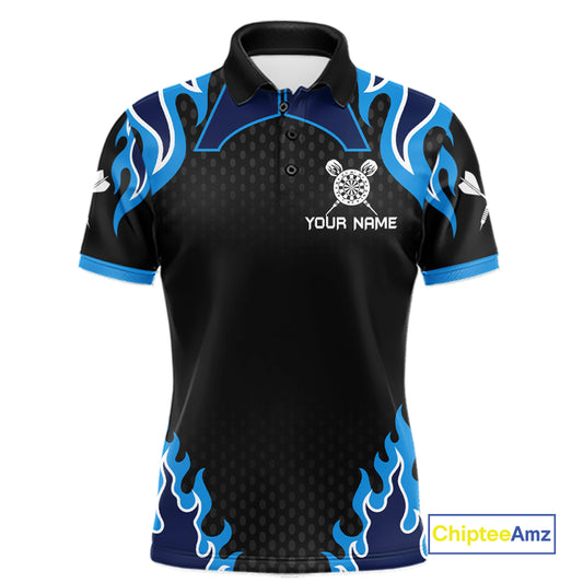 Black And Blue Flaming Darts Jersey Polo & Quarter Zip Custom Darts Team Shirt For Men TDM6146