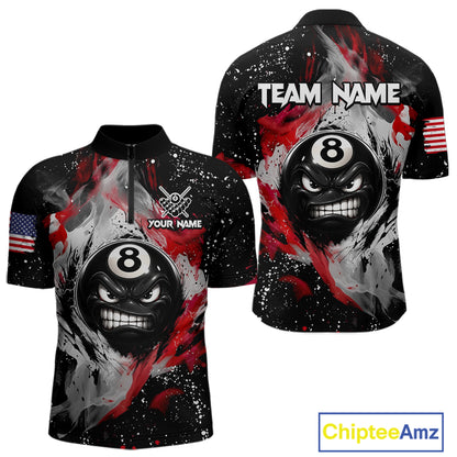 Black quarter zip shirt with 8-ball design and custom name, featuring American