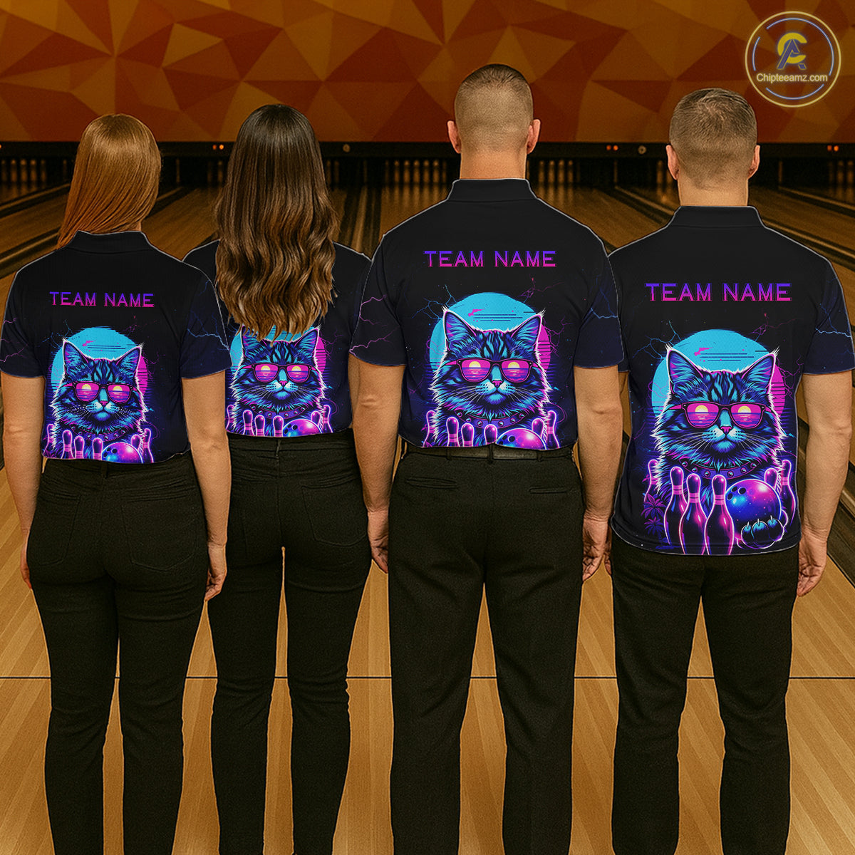 Funny Cat Retro Neon Bowling Shirt For Men Custom Bowling Team Jersey Polo & Quarter Zip TDM5817