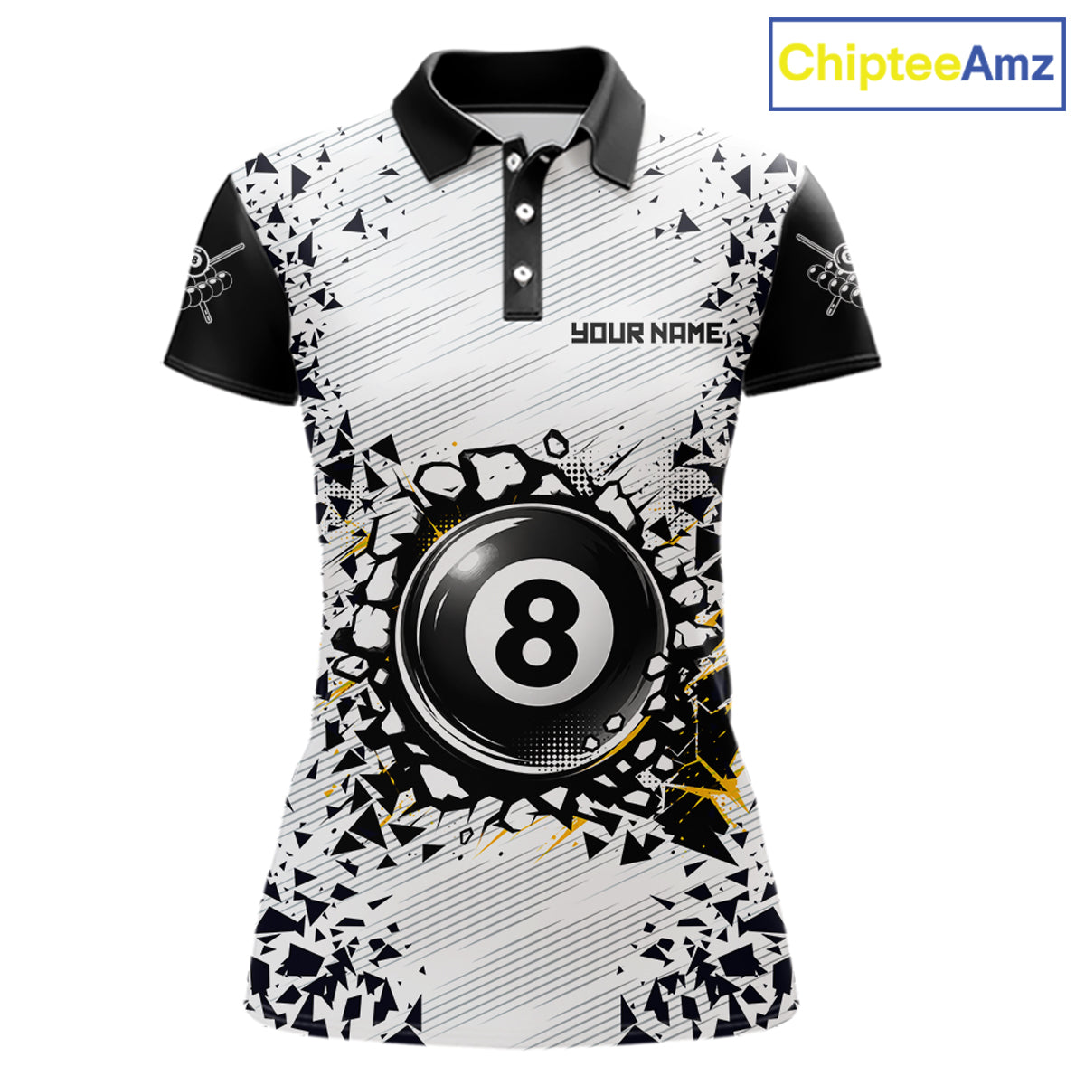 Funny crack 8 ball custom billiard polo shirt for women, pool team jersey and tournament apparel.