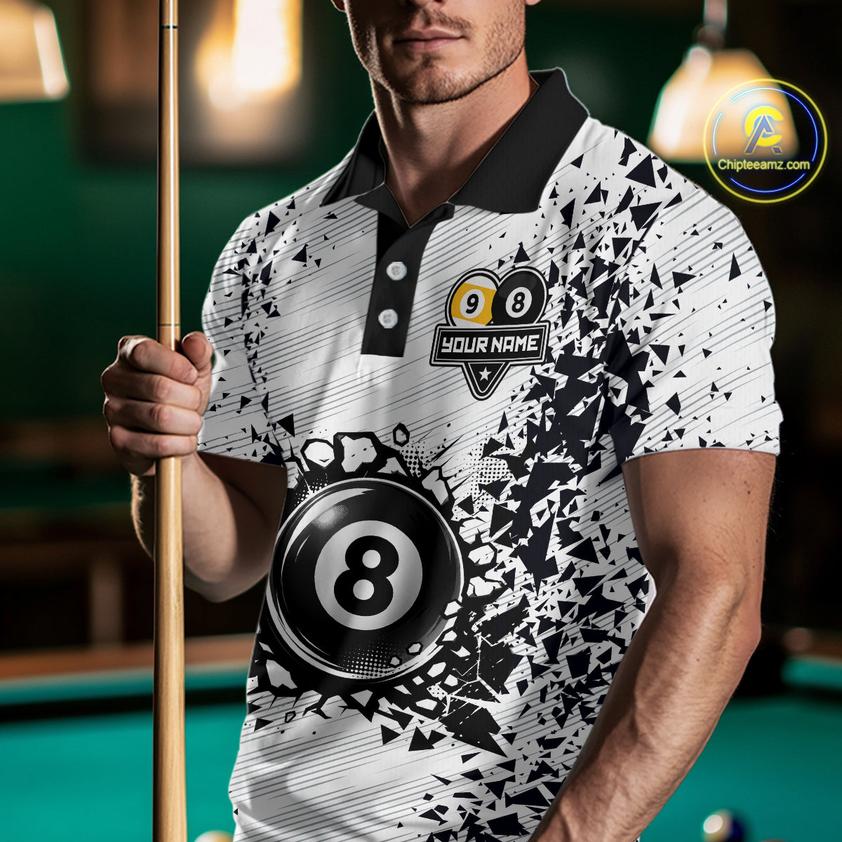 Man wearing a funny crack 8 ball and 9 ball billiard jersey front view, custom pool team shirt.