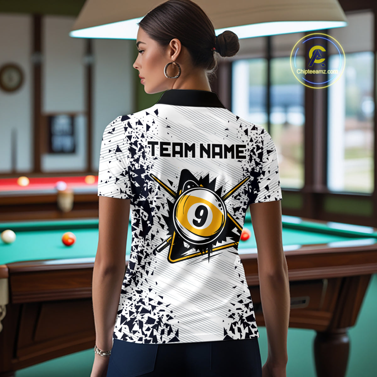 Back view of woman wearing a funny crack 8 ball and 9 ball pool jersey.