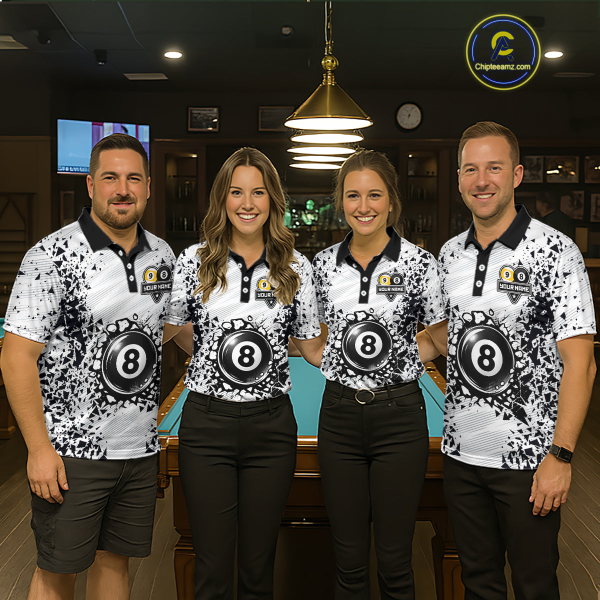 Pool team wearing matching funny crack 8 ball and 9 ball billiard jerseys front view.