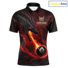 Load image into Gallery viewer, Custom dragon 8 ball pool fire billiard polo shirt for men, red billiard team jersey with dragon flame graphics.