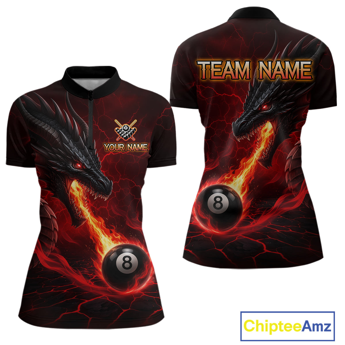 Custom dragon 8 ball pool fire quarter zip billiard shirt for women, red pool team jersey uniform.