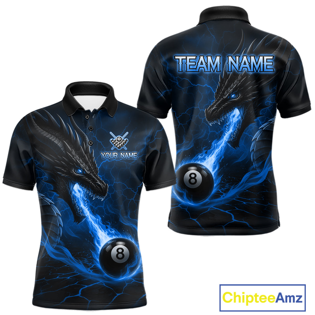 Blue dragon 8 ball pool fire custom billiard polo shirt for men, personalized pool team jersey.