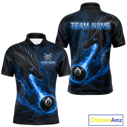 Blue dragon 8 ball pool fire custom billiard polo shirt for men, personalized pool team jersey.