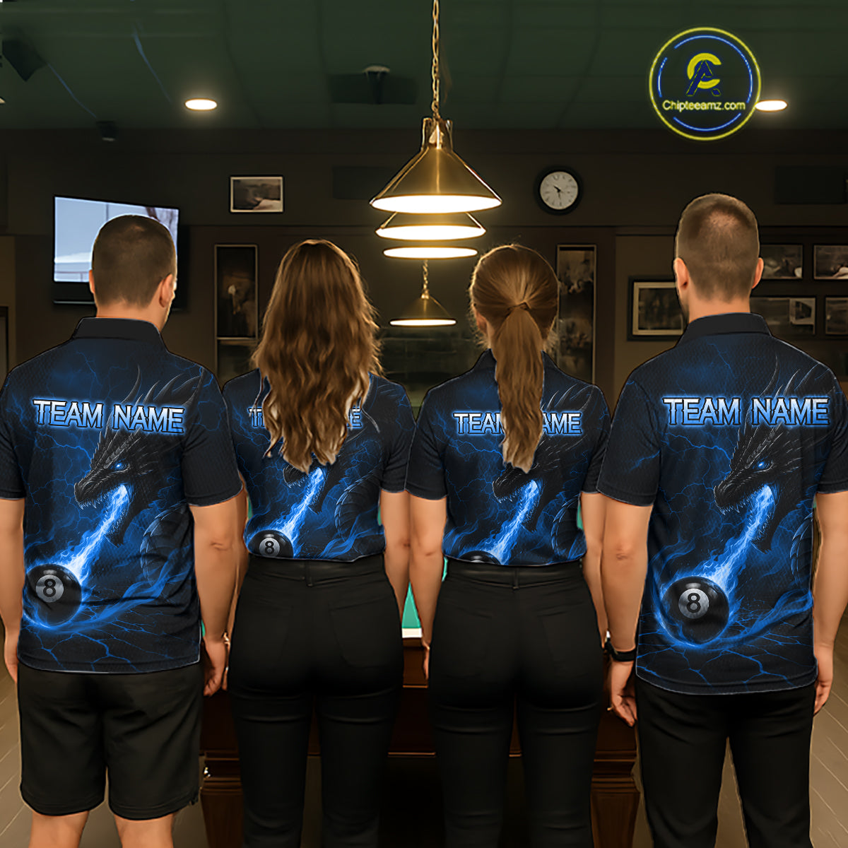 Back view of pool team wearing matching blue dragon 8 ball pool fire billiard shirts.