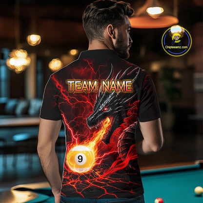 Back view of man wearing a red dragon 9 ball pool fire billiard team jersey.