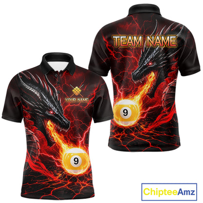 Red dragon 9 ball pool fire custom billiard polo shirt for men, personalized pool team jersey apparel.