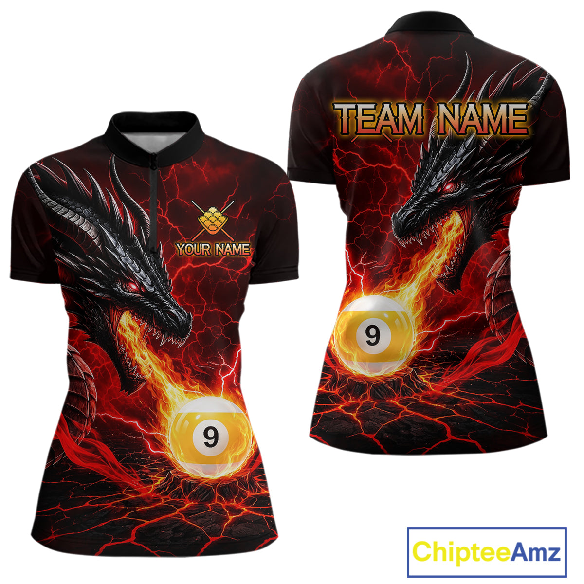Custom dragon 9 ball pool fire quarter zip billiard shirt for women, red pool team jersey uniform.