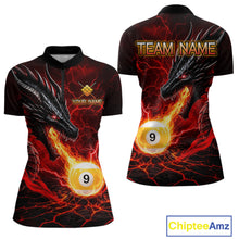 Load image into Gallery viewer, Custom dragon 9 ball pool fire quarter zip billiard shirt for women, red pool team jersey uniform.