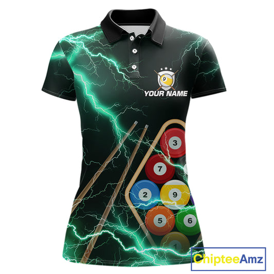 Turquoise 9 Ball Thunder Lightning Billiard Shirts For Women Custom Pool Team Jersey Polo & 1/4 Zip TDM5981