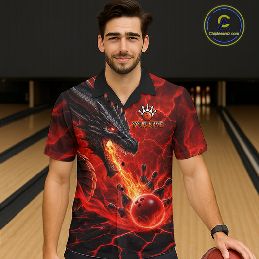 Man wearing personalized dragon bowling Hawaiian shirt with red fire flame design front view.