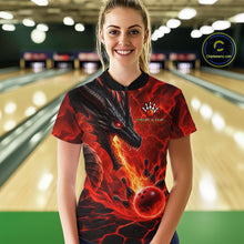 Load image into Gallery viewer, Woman wearing dragon fire flame red bowling quarter zip shirt front view.