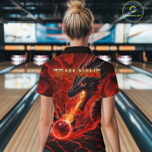 Load image into Gallery viewer, Woman wearing dragon fire flame red bowling polo shirt back view.